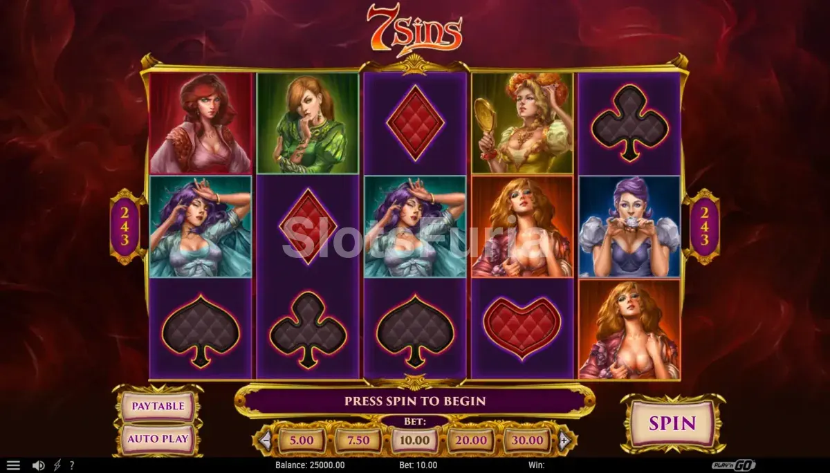 Pantalla principal del juego 7 Sins con sus rodillos y símbolos
