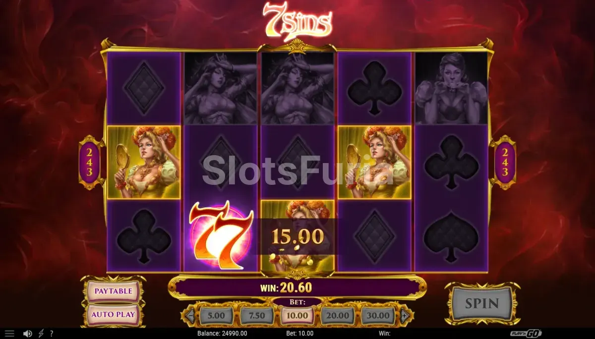 Resultado de giro ganador en 7 Sins con combinación de símbolos