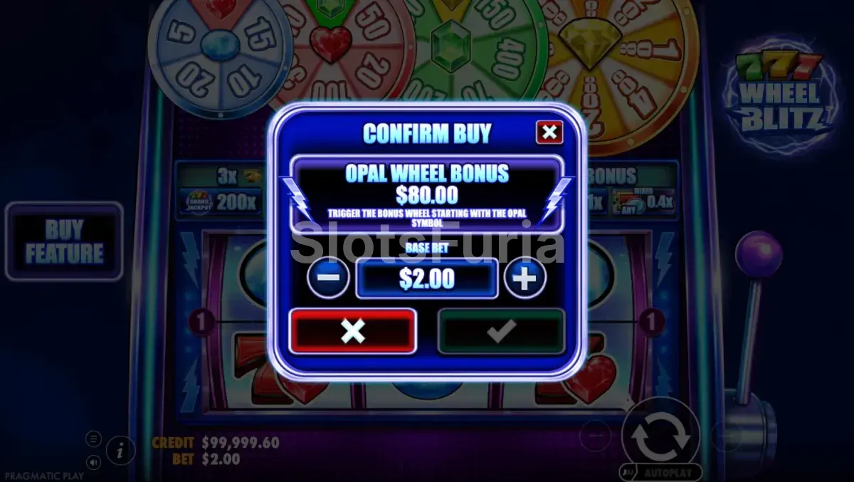 Pantalla de compra de bono en 777 Wheel Blitz de Pragmatic Play
