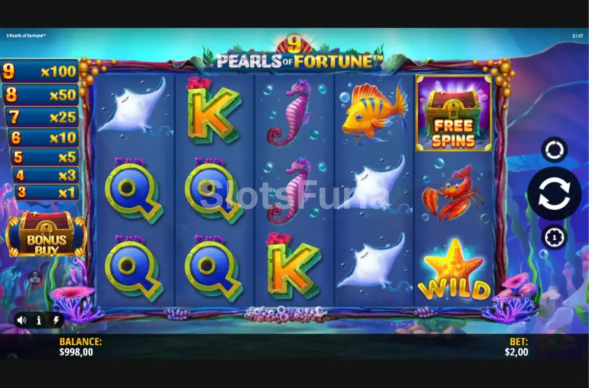 Pantalla principal del juego 9 Pearls of Fortune con sus cinco carretes activos