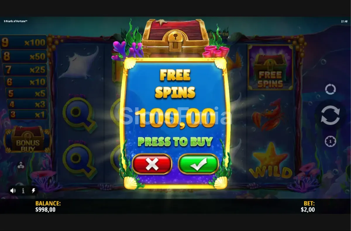 Pantalla de compra de bonos de 9 Pearls of Fortune con opciones disponibles