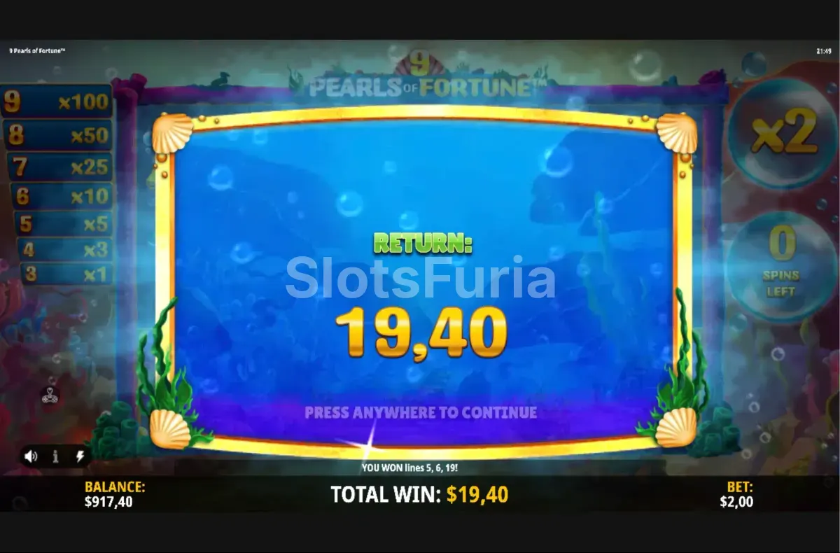 Gran victoria en 9 Pearls of Fortune mostrando el máximo potencial de ganancias
