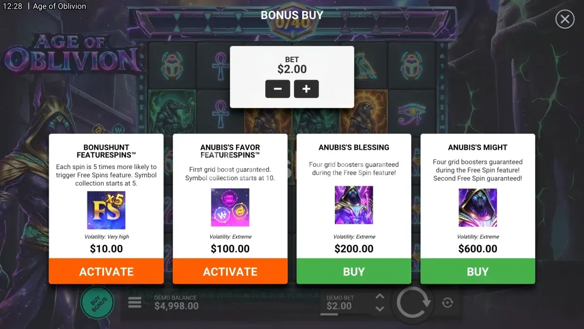 Menú de compra de bonus de Age of Oblivion con las opciones disponibles