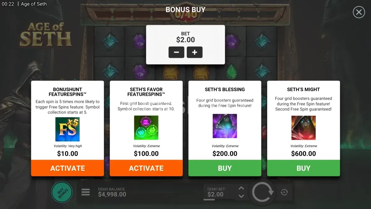 Pantalla de compra de bonus en Age Of Seth con las diferentes opciones disponibles