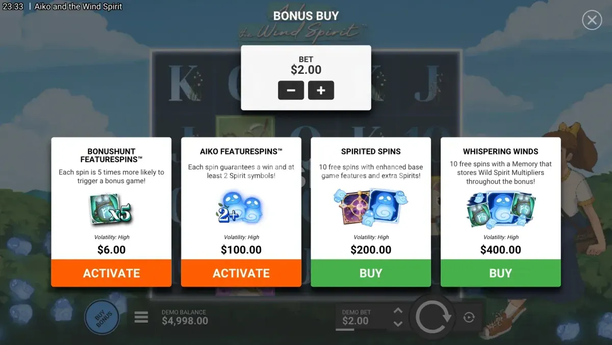 Pantalla de compra de bono en Aiko and the Wind Spirit