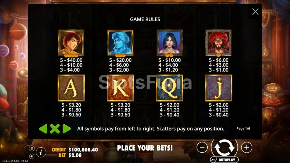 Tabla de pagos de la slot Aladdin's Treasure con todos los símbolos