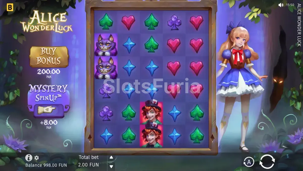Pantalla principal del juego Alice WonderLuck con los carretes en acción