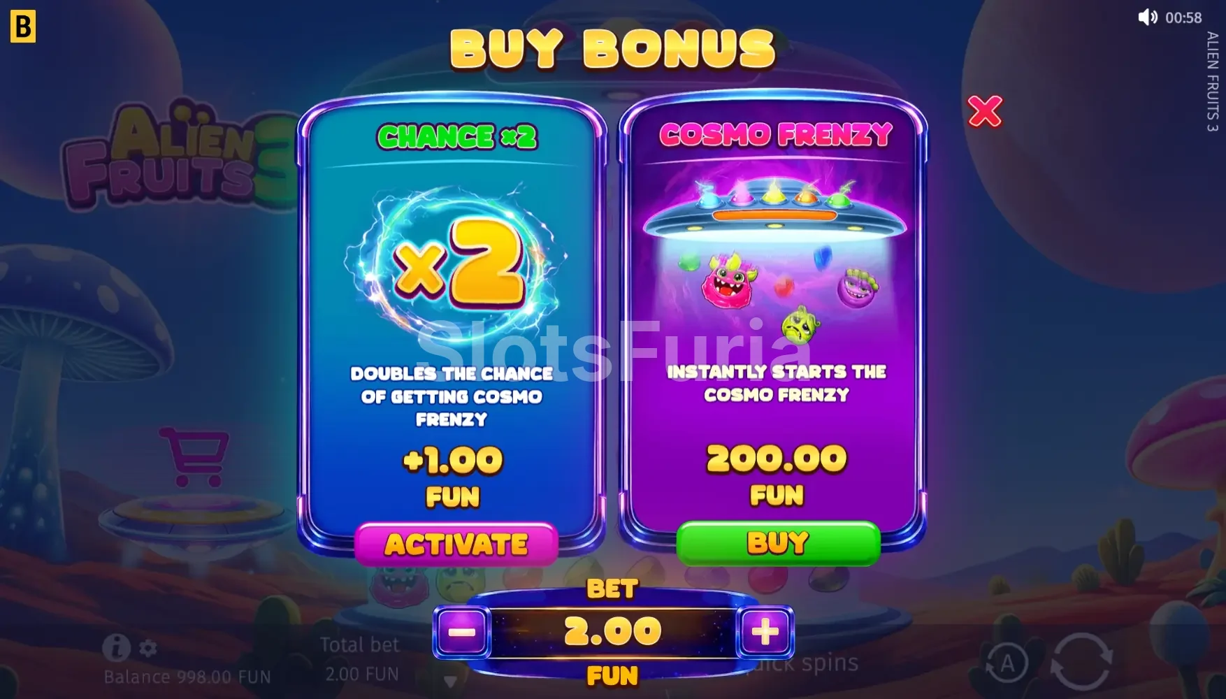 Menú de compra de Alien Fruits 3, tragamonedas de BGaming