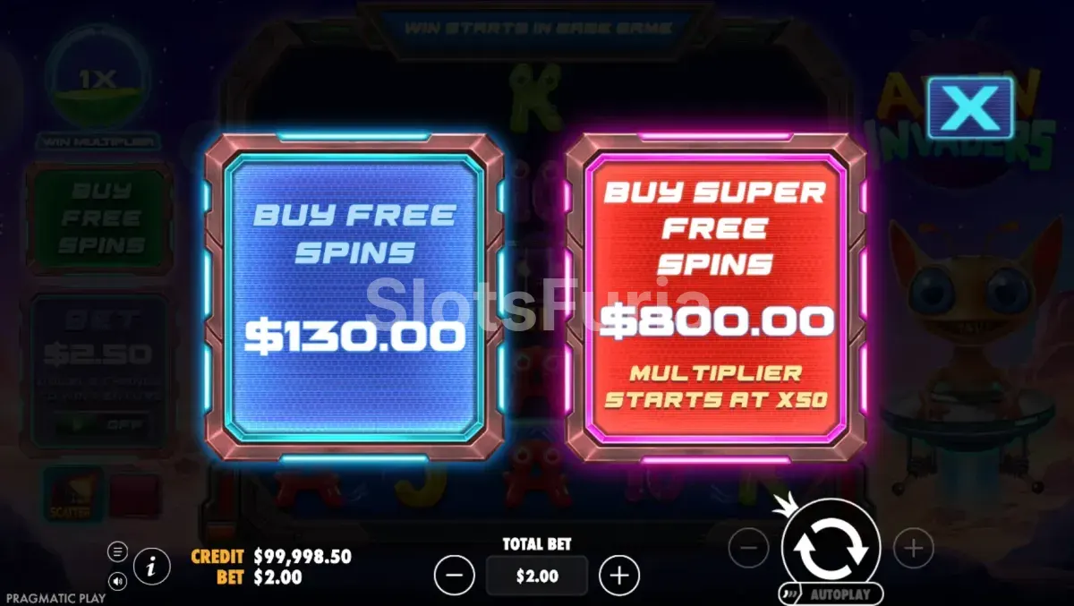 Pantalla de compra de bonus en Alien Invaders