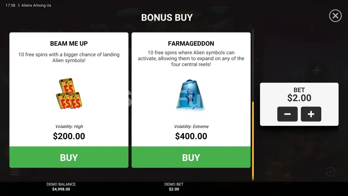Menú de compra de bonus en Aliens Among Us Hacksaw Gaming