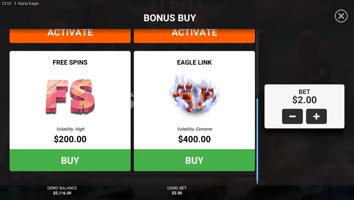Menú de compra de bonus en Alpha Eagle de Hacksaw Gaming