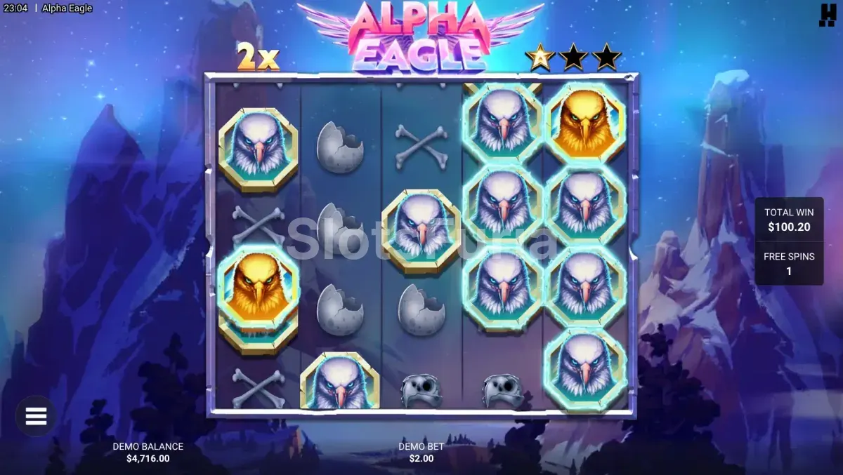 Ronda de giros gratis activada en Alpha Eagle con símbolos apilados