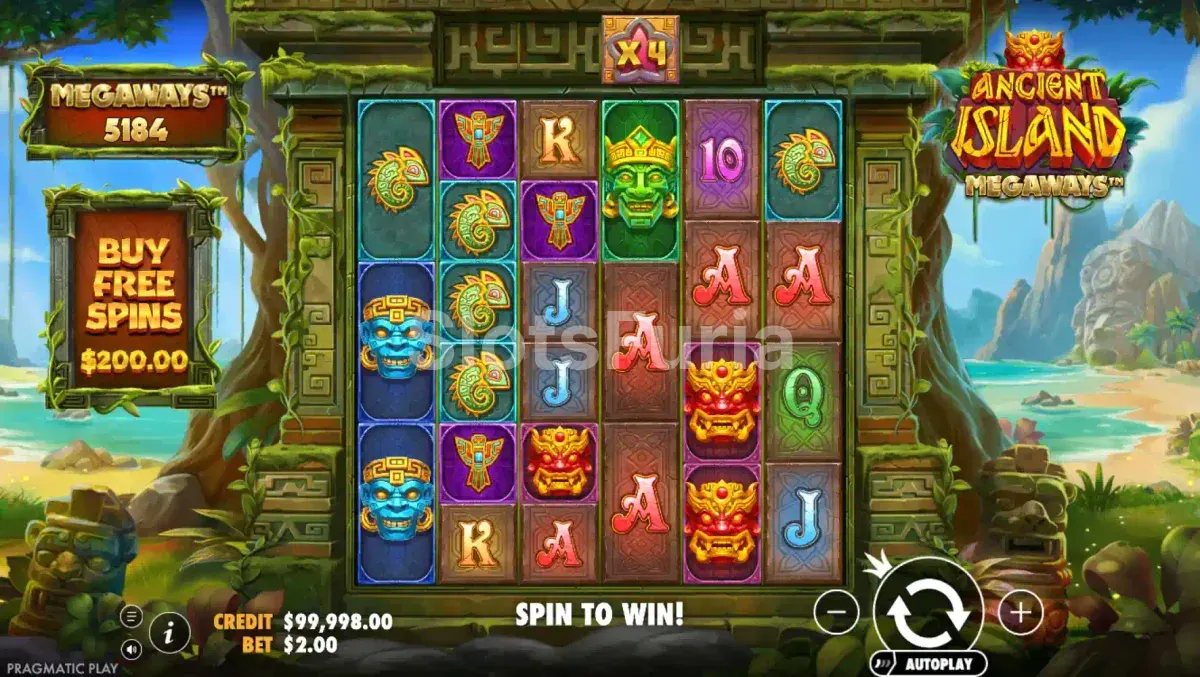 Juego base de Ancient Island Megaways con rodillos y ambiente tropical