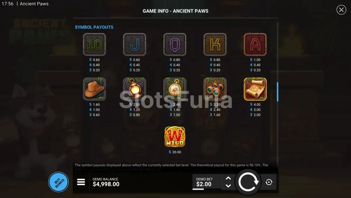Tabla de pagos detallada de la slot Ancient Paws