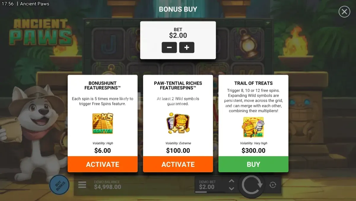 Menú de compra de bonus disponible en Ancient Paws de Hacksaw Gaming
