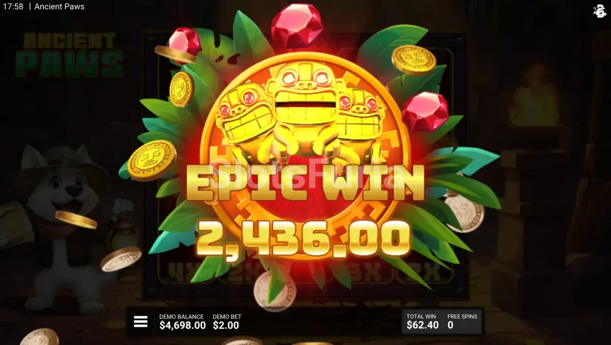 Pantalla de gran victoria en Ancient Paws con multiplicador máximo activo