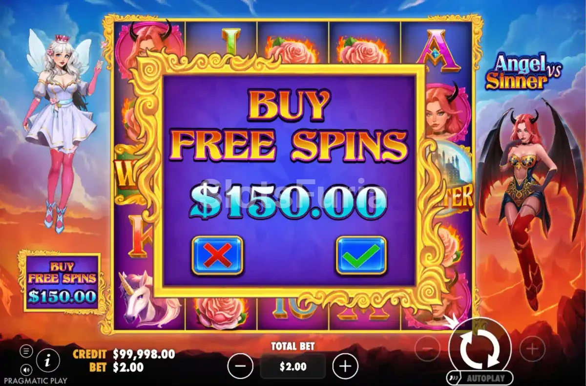 Pantalla de compra de bonus en Angel vs Sinner con todas las opciones disponibles