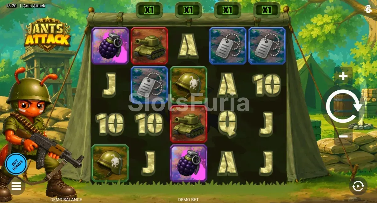 Juego base de Ants Attack con los multiplicadores sobre los rodillos