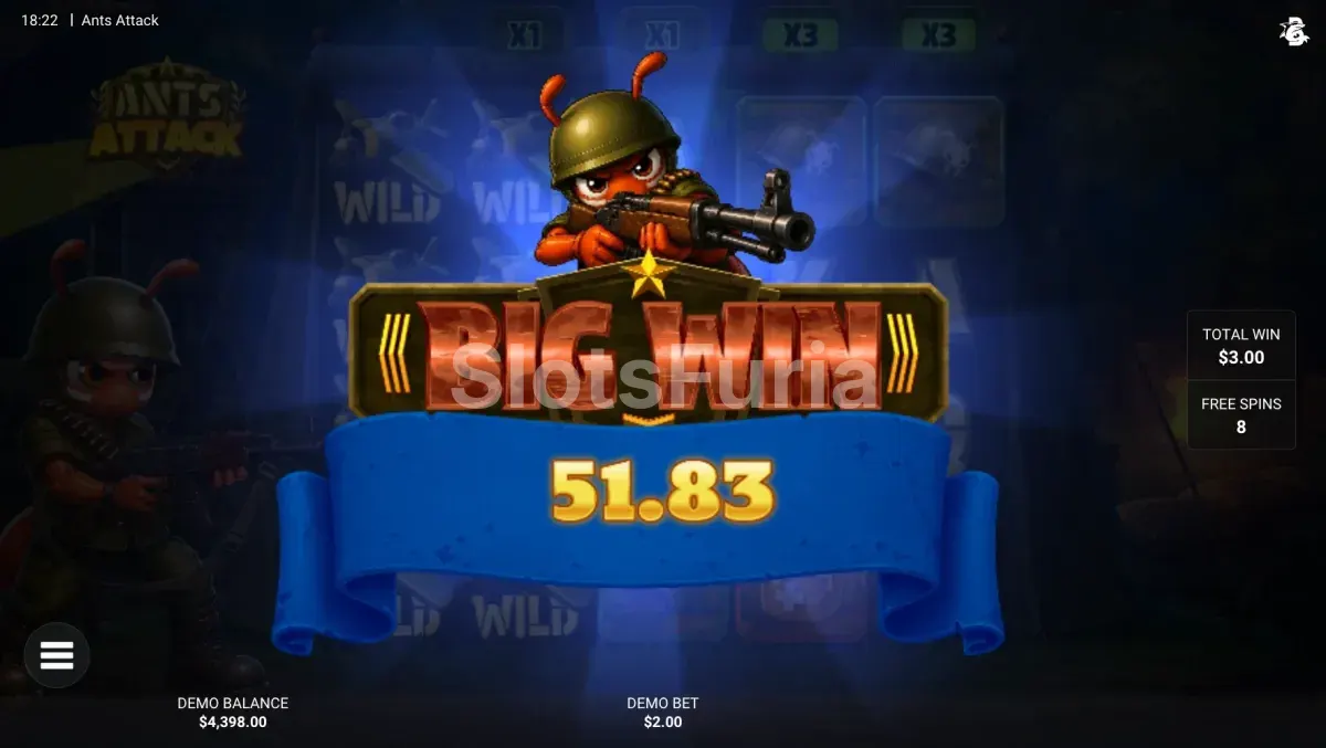 Pago alto en Ants Attack con varios multiplicadores de rodillo activos