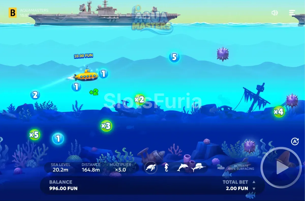 Segunda vista del juego base de Aquamasters y su interfaz de apuesta
