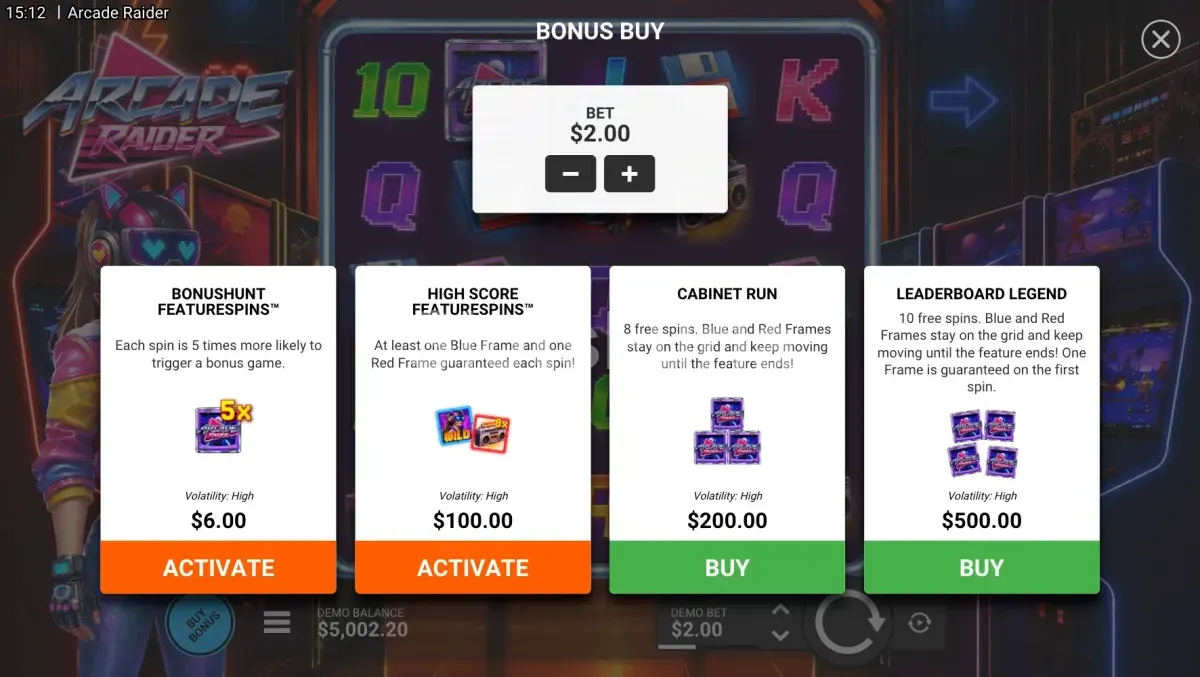 Menú de compra de bonus de Arcade Raider con las opciones disponibles
