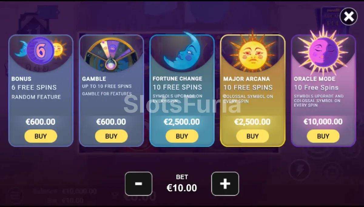 Pantalla de compra de bonus en ArcanaPop con las opciones disponibles