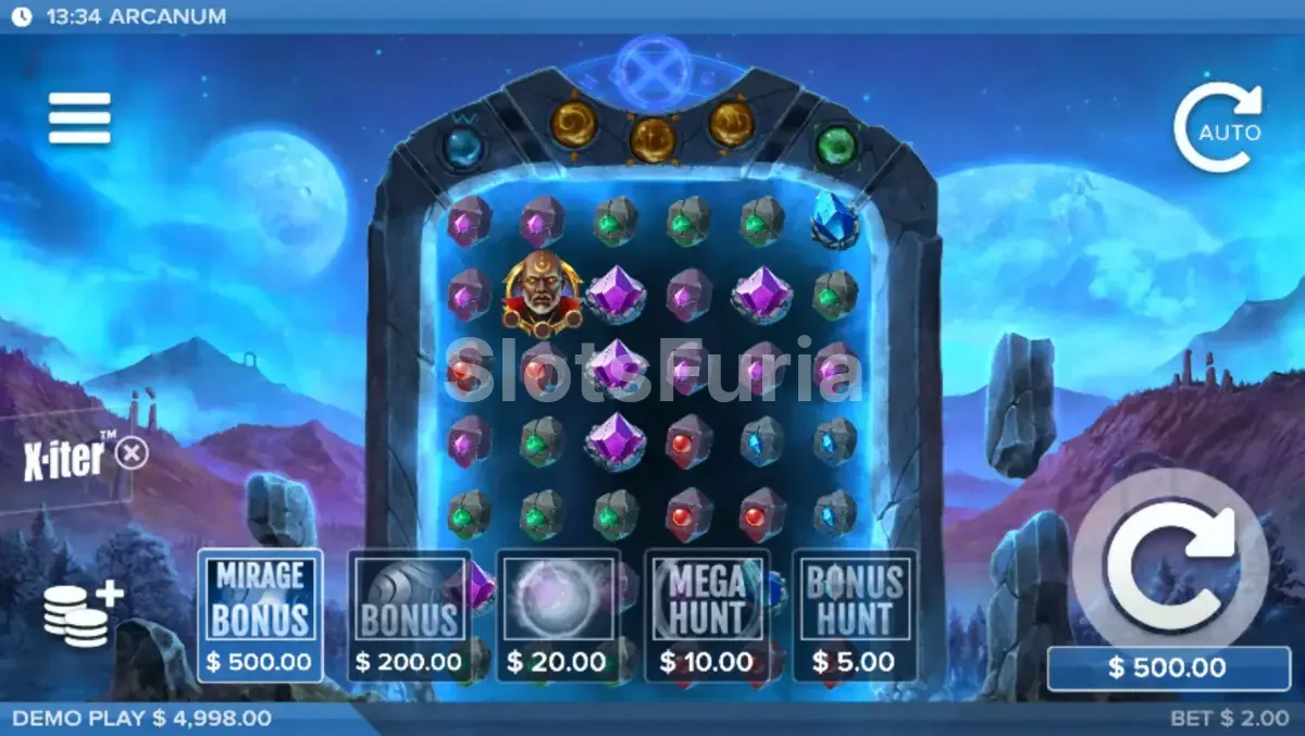 Menú X-iter de cinco opciones de Arcanum, tragamonedas de magia de ELK Studios