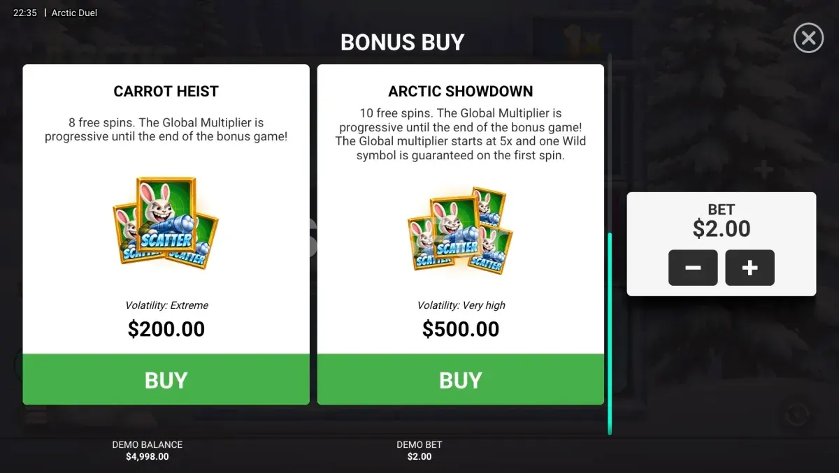 pantalla de compra de bono de Arctic Duel