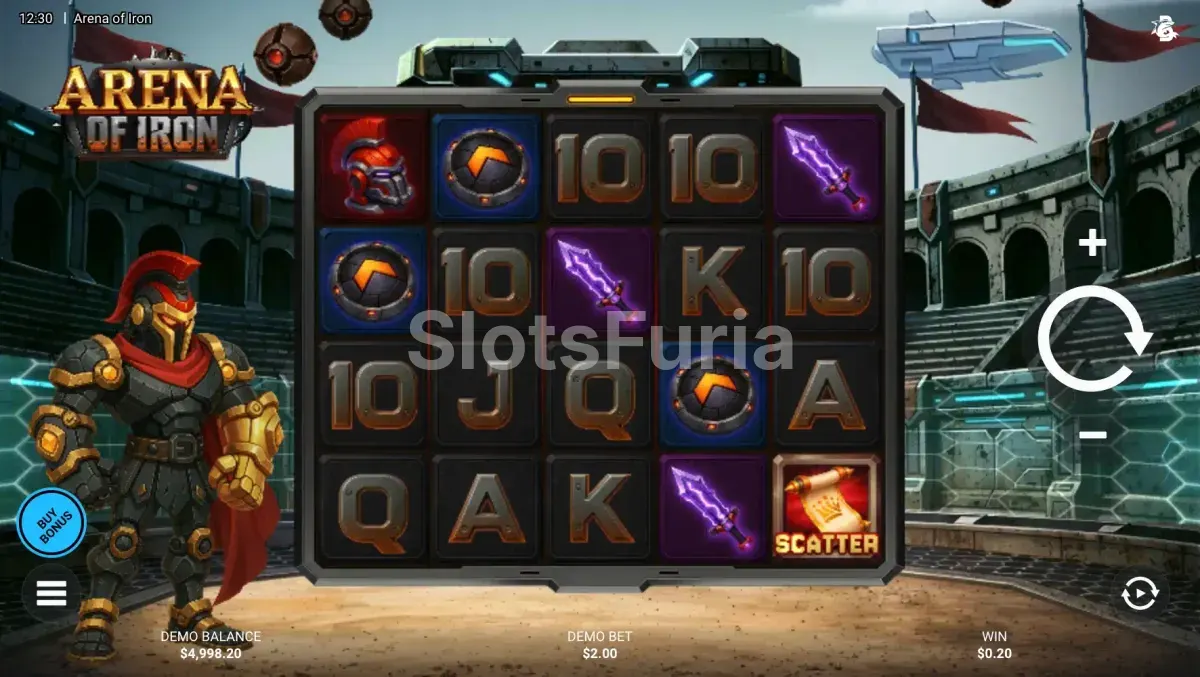 Pantalla principal de Arena of Iron con los carretes en acción