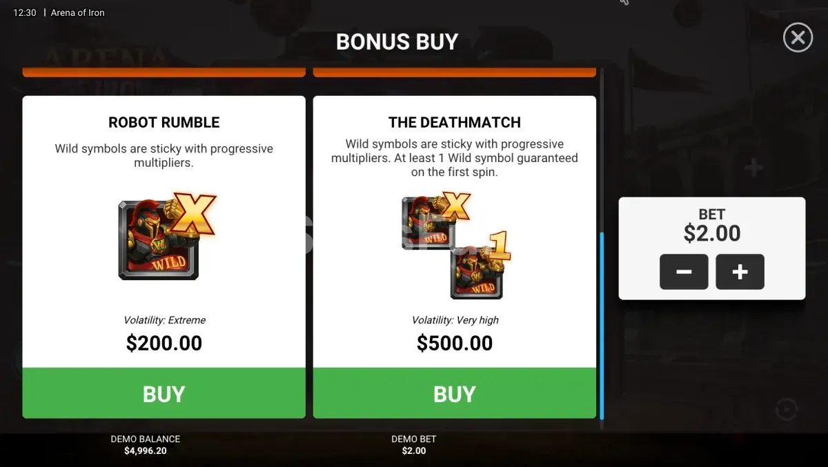 Menú de compra de bonus en Arena of Iron con todas las opciones disponibles