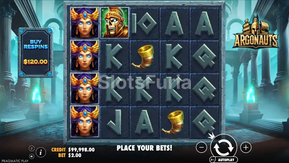 Juego base de Argonauts con símbolos MONEY en la cuadrícula de 5x4