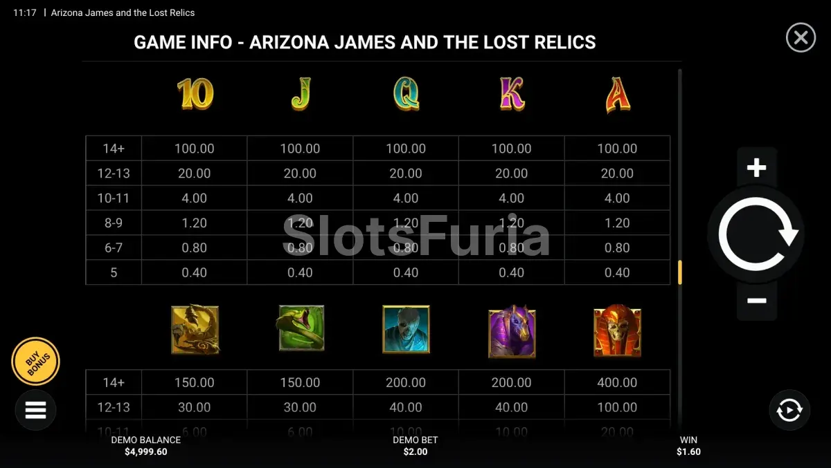 Tabla de pagos de Arizona James and the Lost Relics con todos los símbolos y multiplicadores
