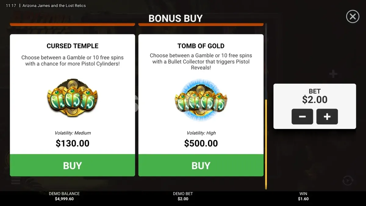 Menú de compra de bonus en Arizona James and the Lost Relics con todas las opciones disponibles
