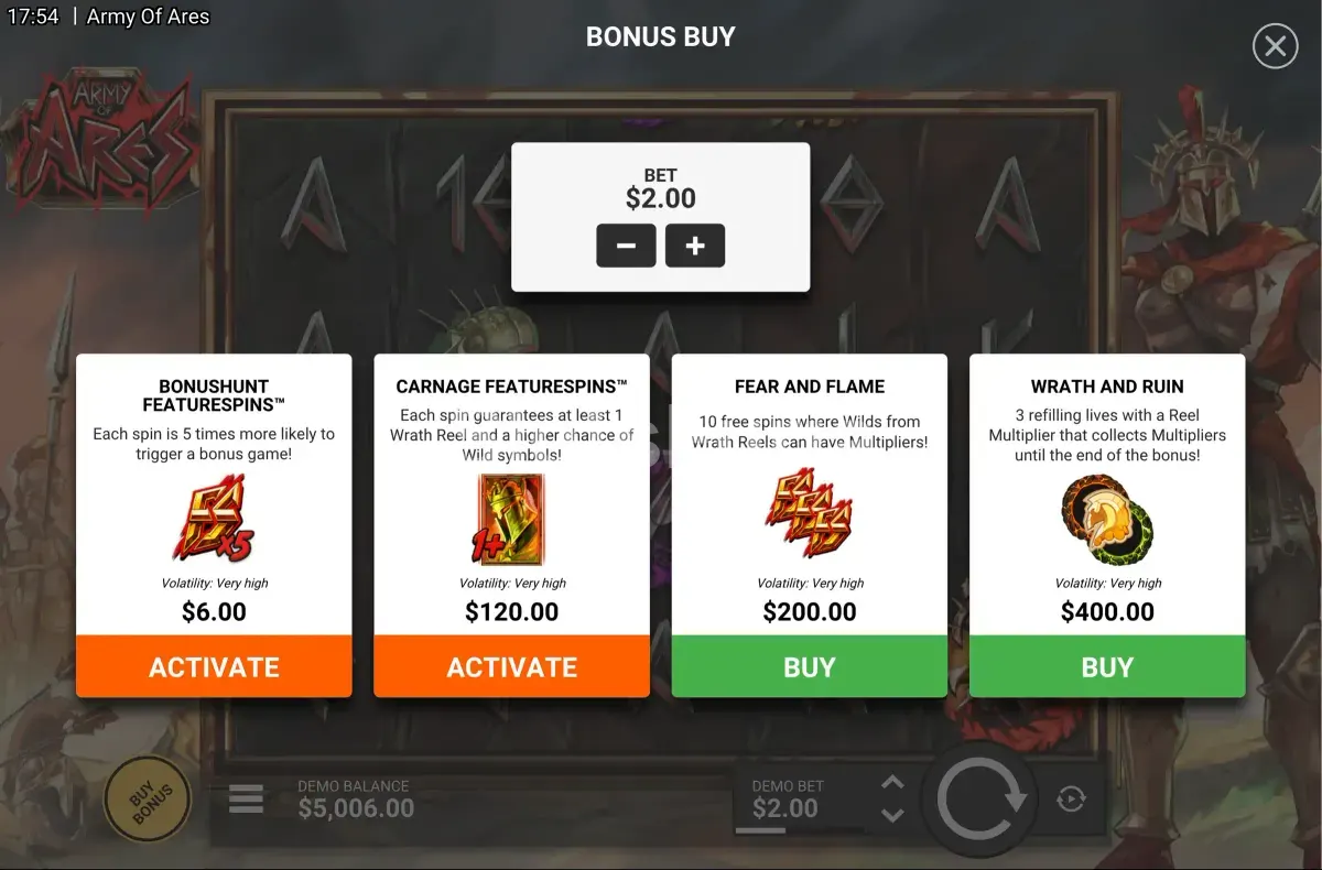 Menú de compra de bonos en Army of Ares con las opciones disponibles