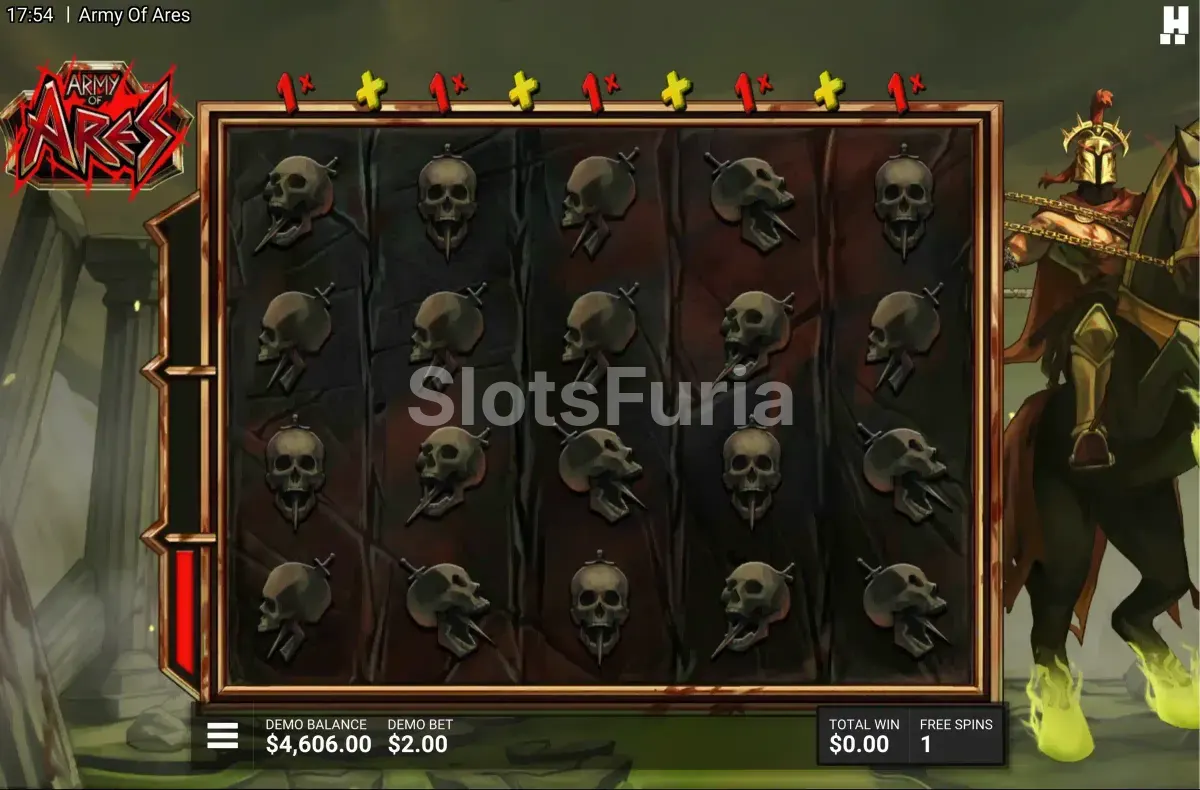 Pantalla de giros gratuitos activos en Army of Ares con multiplicadores en juego