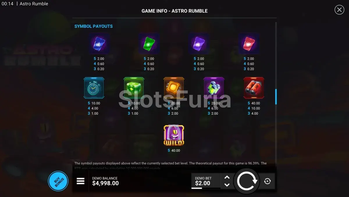 Tabla de pagos y símbolos de Astro Rumble