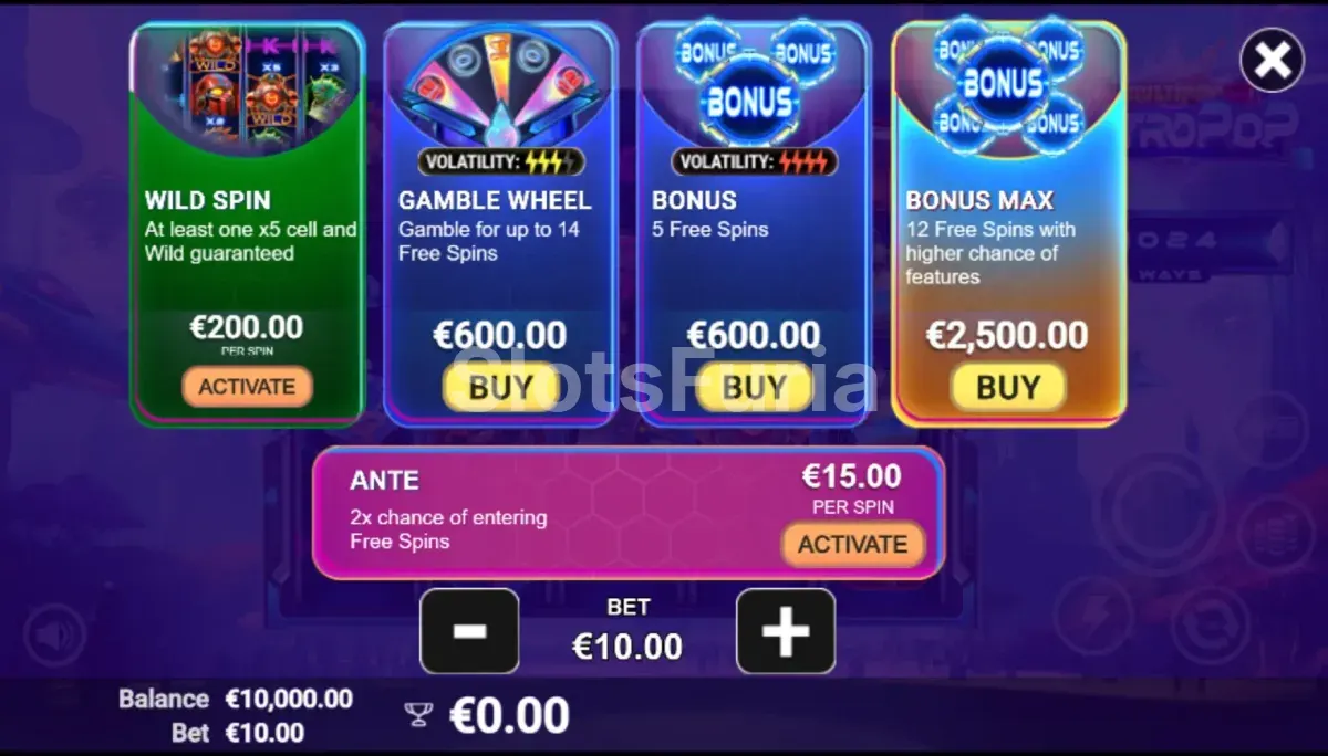 Pantalla de compra de bonus en AstroPop