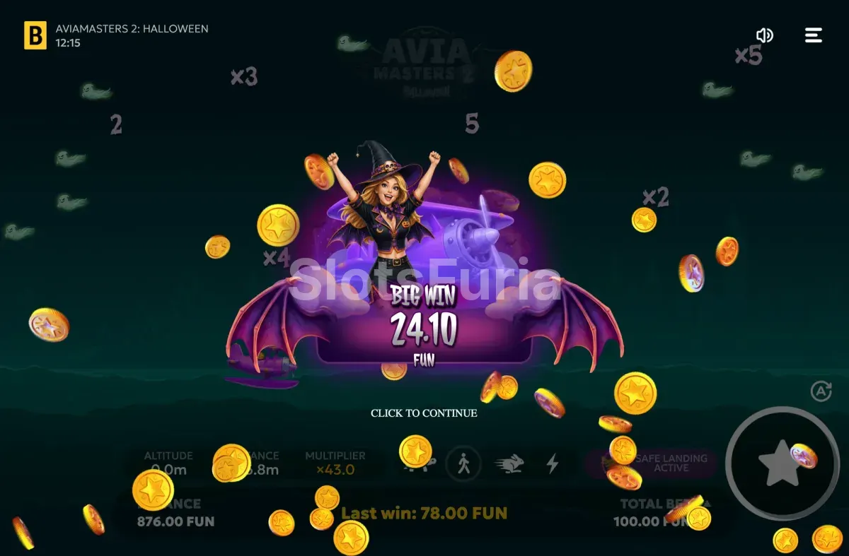 Ganancia grande mostrada en pantalla en Aviamasters 2 Halloween
