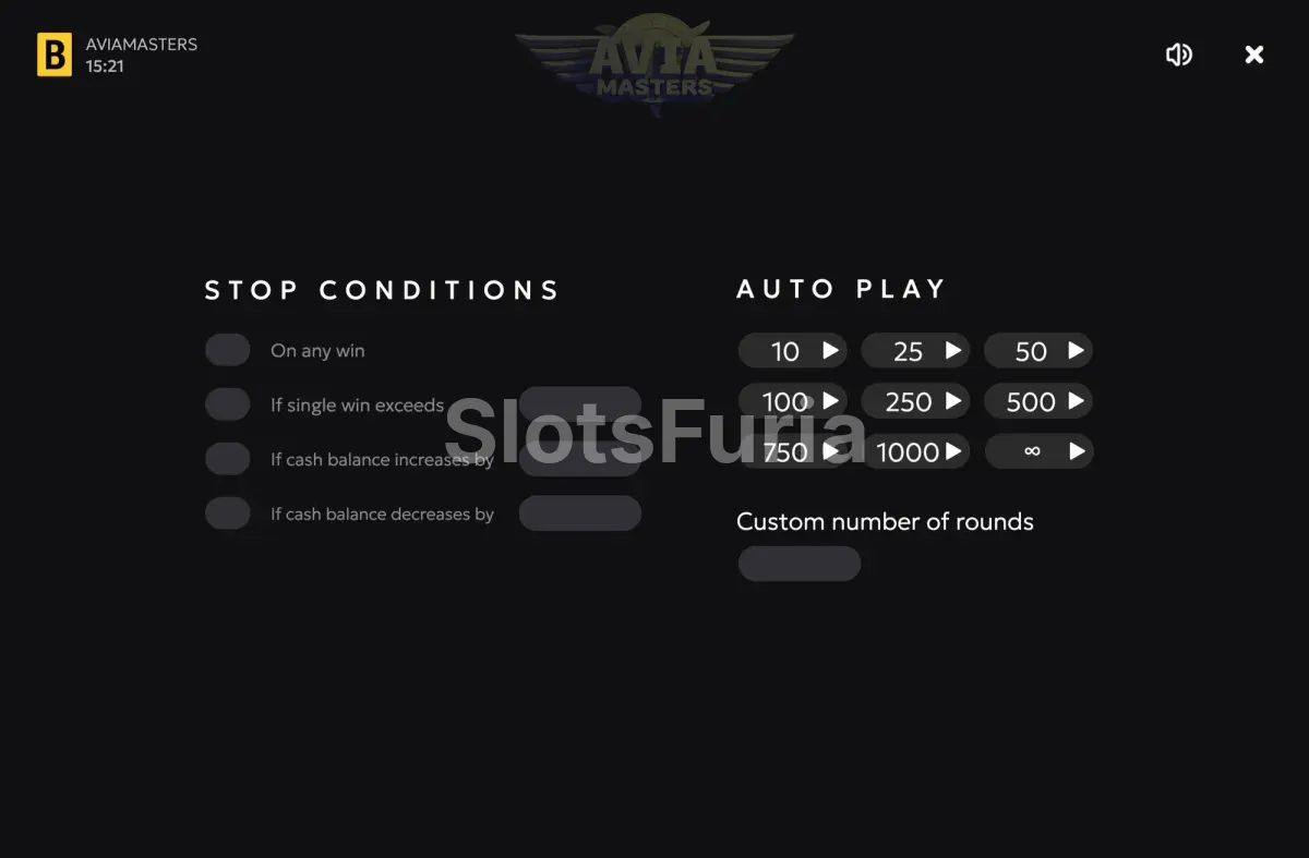 Pantalla de juego automático en Aviamasters con las rondas configuradas