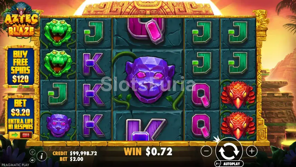 Juego base de Aztec Blaze con grilla de 6 rodillos y 4 filas