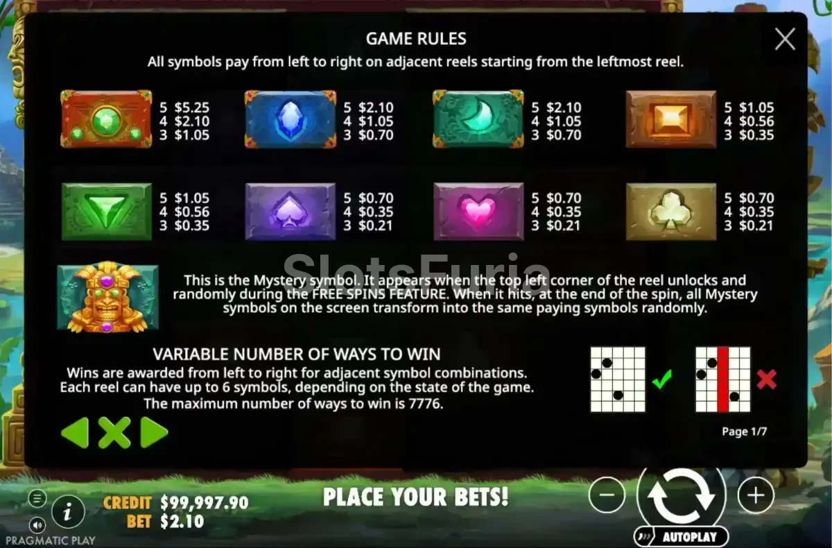 Tabla de pagos de Aztec Bonanza con los valores de cada símbolo