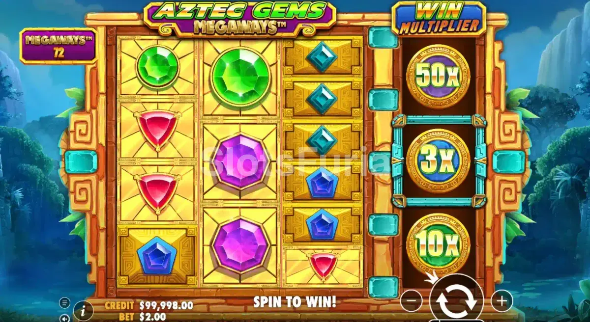 Pantalla principal de Aztec Gems Megaways con la rejilla y el reel de multiplicadores