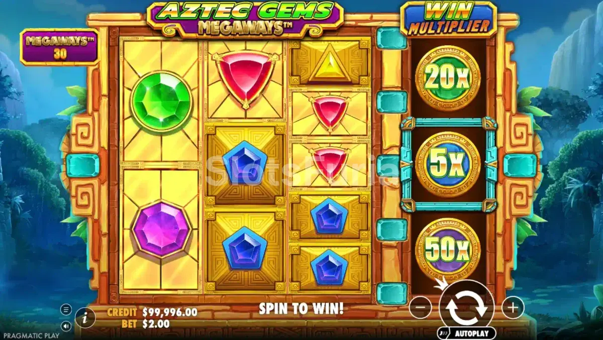 Segunda vista del juego base de Aztec Gems Megaways con multiplicador activo