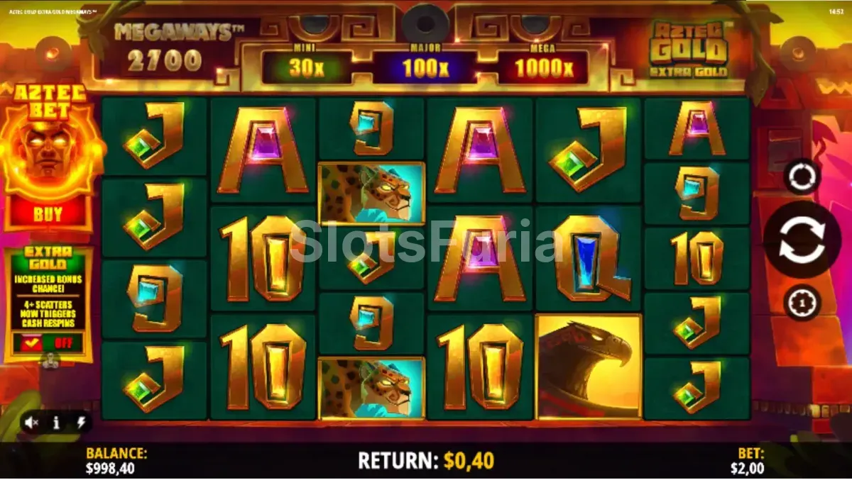 Pantalla principal de Aztec Gold Extra Gold Megaways con los templos y símbolos dorados