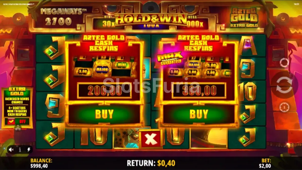 Menú de compra de Aztec Gold Extra Gold Megaways, tragamonedas de iSoftBet