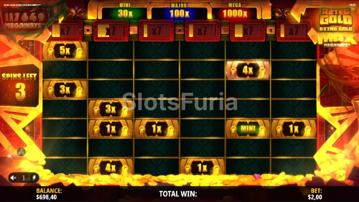 Ronda de giros gratuitos activa en Aztec Gold Extra Gold Megaways con multiplicadores encendidos