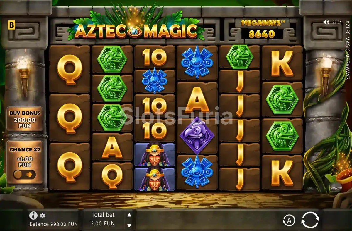 Juego base de Aztec Magic Megaways con sus seis rodillos activos