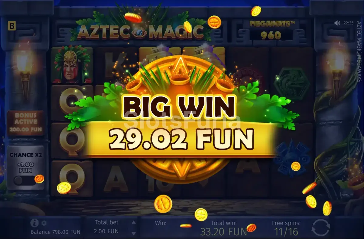 Gran victoria épica en Aztec Magic Megaways mostrando el multiplicador máximo