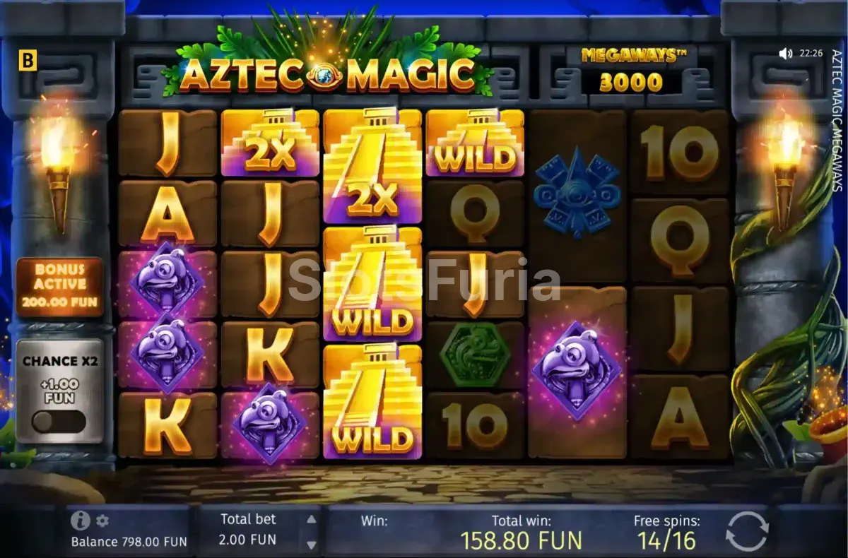 Pantalla de giros gratuitos de Aztec Magic Megaways con multiplicadores en cascada