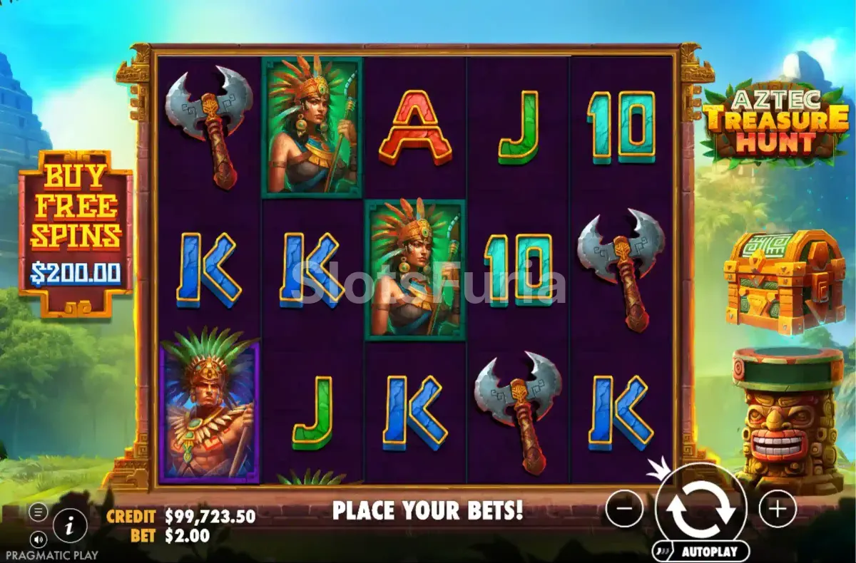 Pantalla principal del juego Aztec Treasure Hunt con sus cinco rodillos